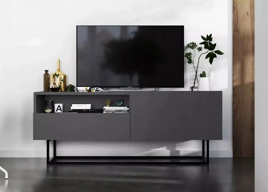 TV-Schrank Enjoy TV-Lowboard Loft Style Schwarze Metall Fußgestell Modern Lindner Möbel 120cm x 46cm x 35cm Farbe: Graphit matt - Graphit matt