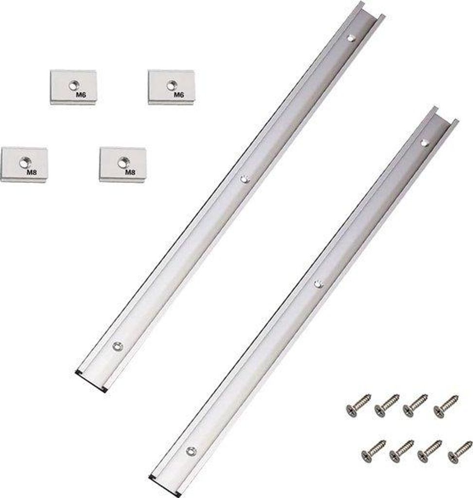 Aluminium-Track-Set 400 mm, 2-teilig, mit Jig-Bevestigung für Holzbearbeitung, 2x M6-Schraubregler, 2x M8-Schraubregler, 8 Schrauben