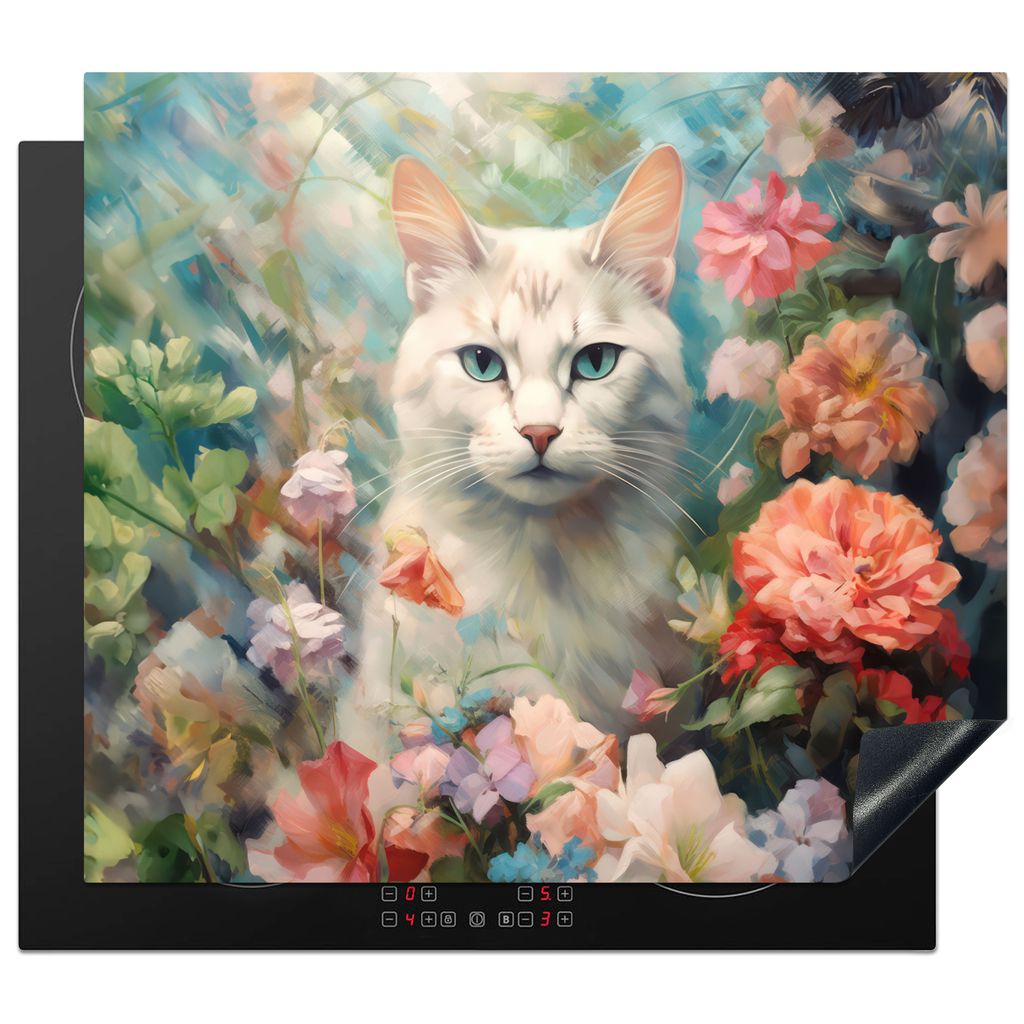 KitchenYeah Herdabdeckplatte Katze - Blumen - Rosen - Natur , 58x51cm, Küche Deko, Glaskeramikkochfeld Herdabdeckung, Abdeckplatte fùr Kochfeld