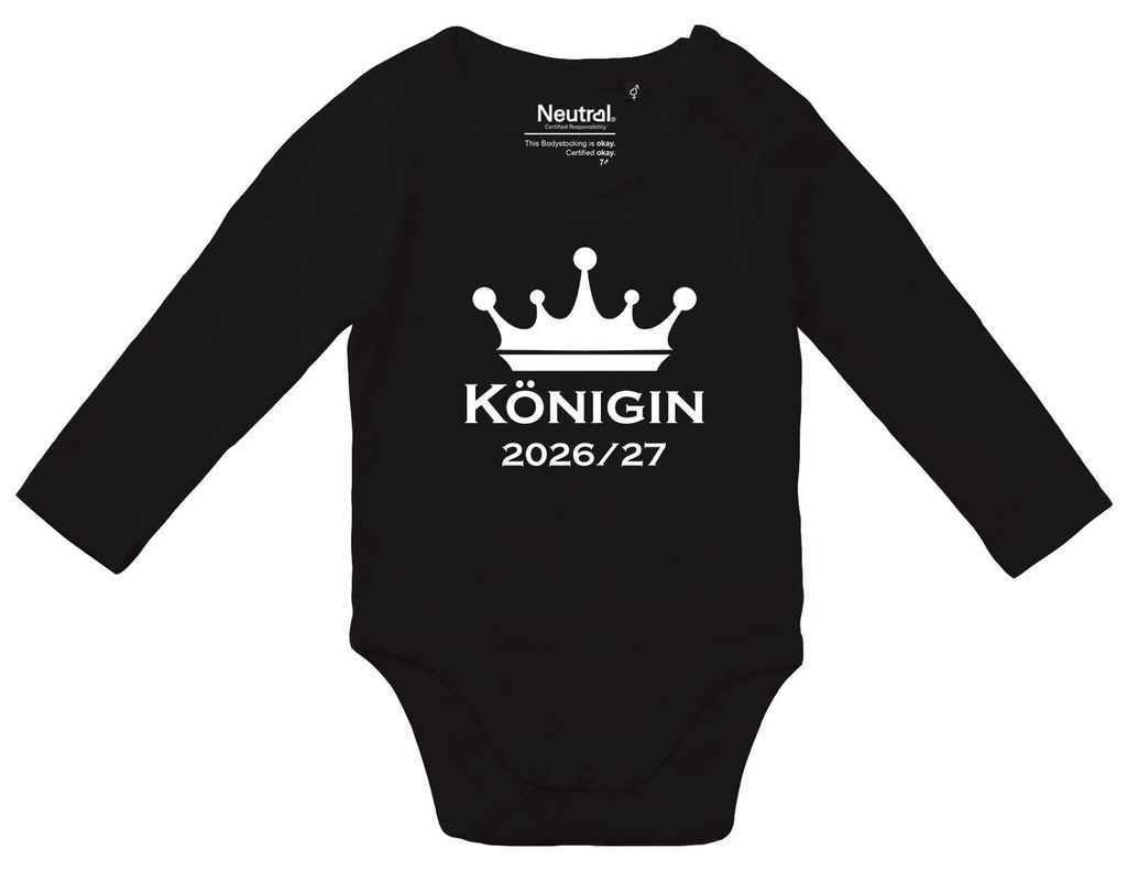 Huuraa Baby Body Königin 2026/27 Krone Schüztenkönigin 68 Black Baumwolle Fairtrade Langarmbody Geschenkidee