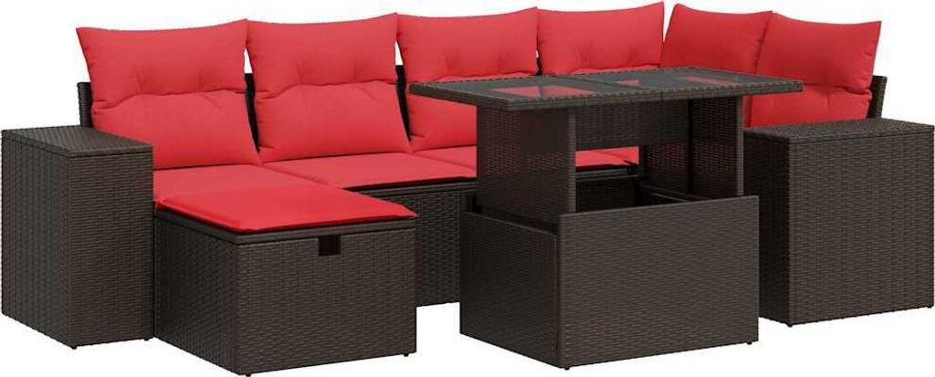 7-tlg. Garten-Sofagarnitur mit Kissen Schwarz Poly Rattan