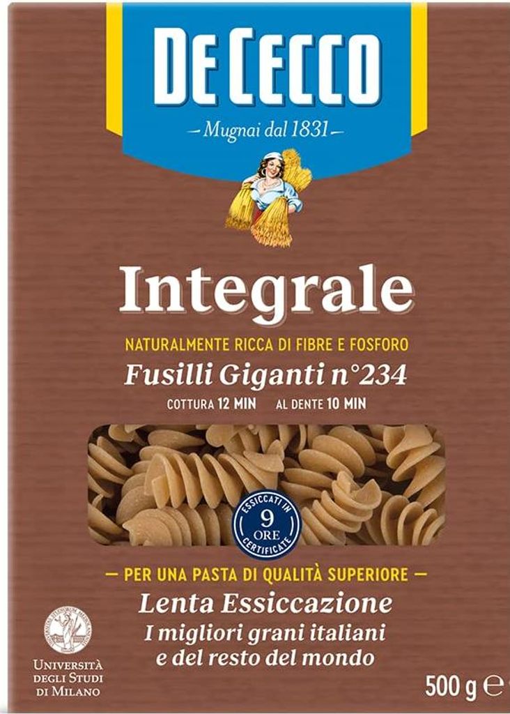 3x De Cecco Fusilli Giganti n° 234 Integrali Vollkornnudeln Nudeln Hartweizengrieß Pasta Vollkorn 500g Packung