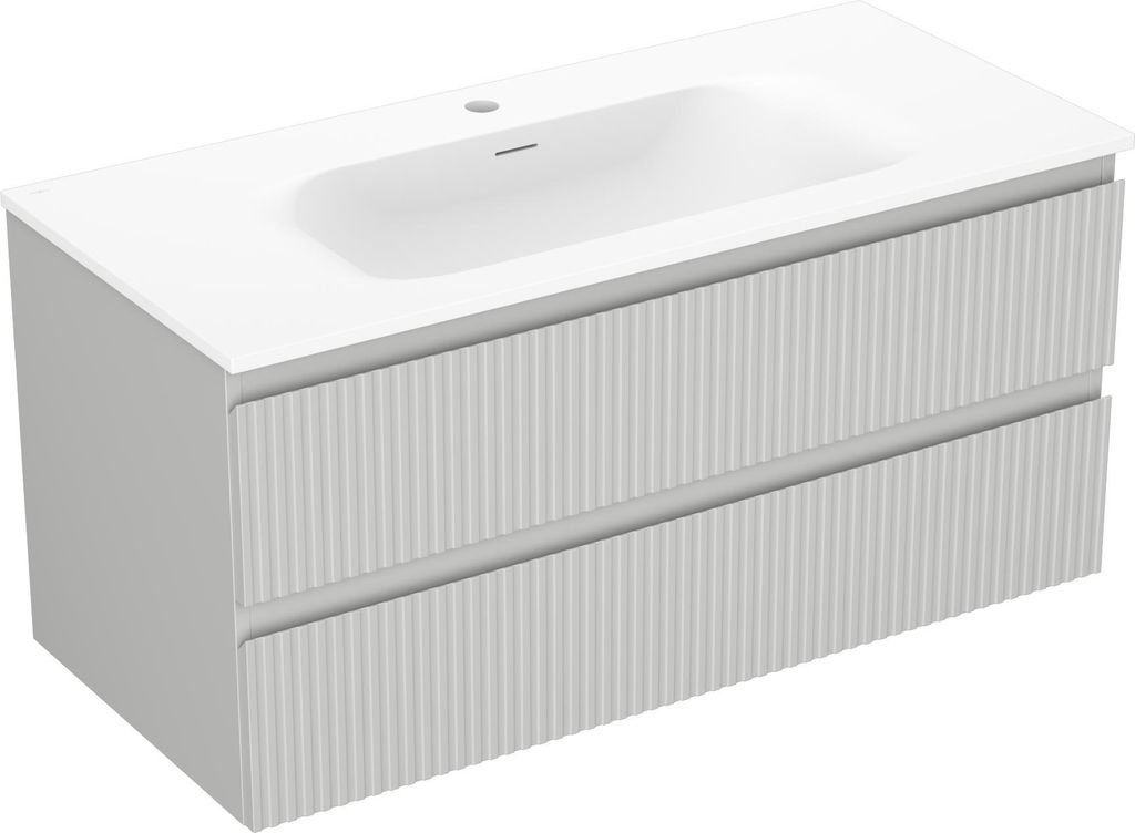 Mexen Rivel Badezimmerschrank 100 cm mit Waschbecken Vela, 2 Schubladen, gerillt, grau matt/weiß matt - 91A20-10047-2-BFF62-W23?