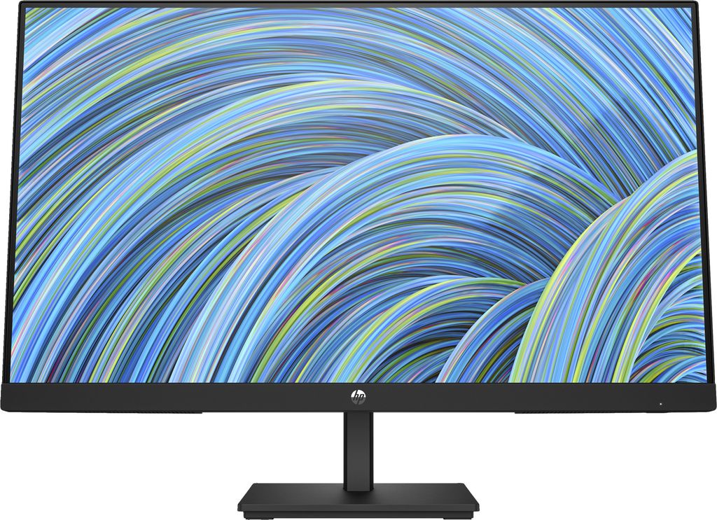 A front view of an HP computer monitor on a stand.