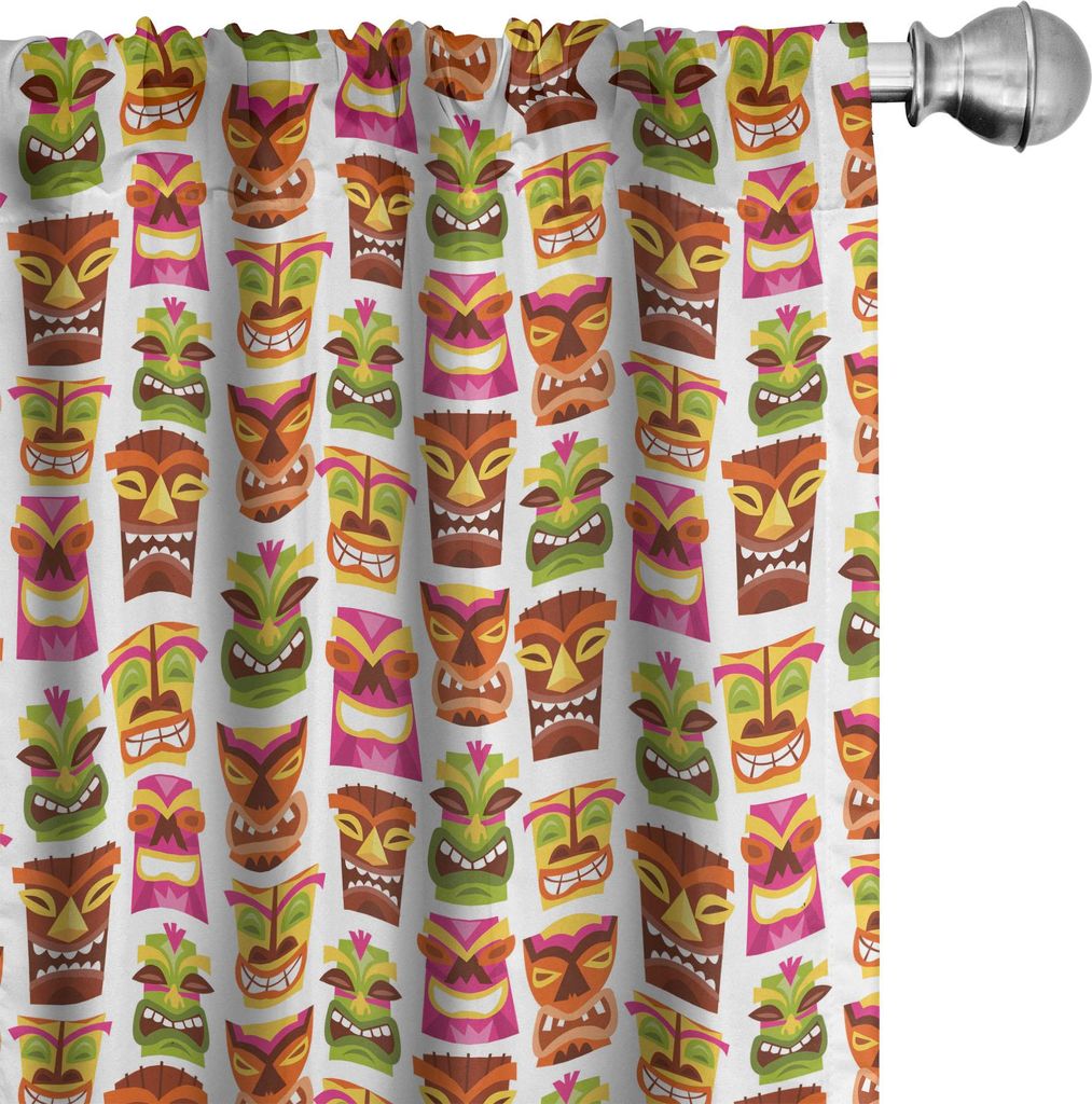 ABAKUHAUS Tiki Bar Vorhänge, Gardinen, Hawaiische Party Glücklich Tiki Konzept Masken Bunte Gesichter Wiederholendes Muster, 2 Stück 75 x 225 cm...