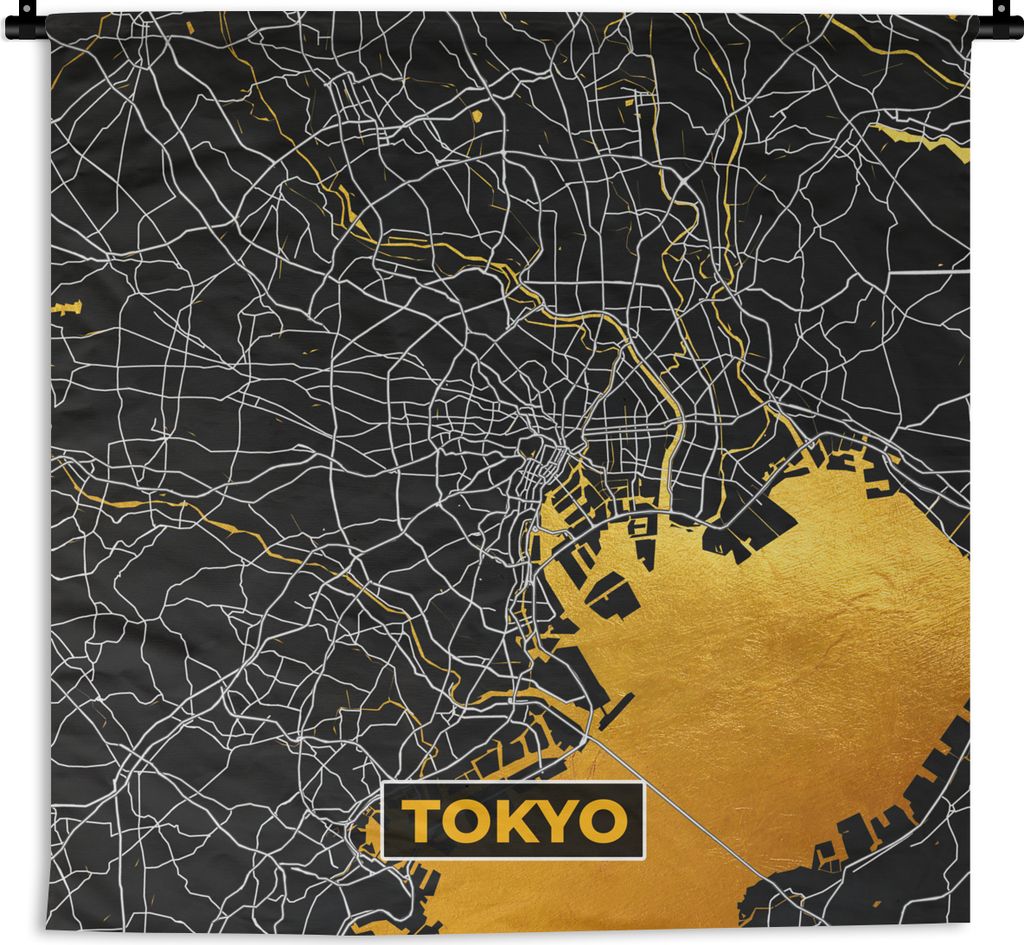 MuchoWow Wandteppich Wandbehang Tokio - Stadtplan - Gold - Karte 90x90 cm Tapisserie Dekoration Wandtuch - Wandaufhänger