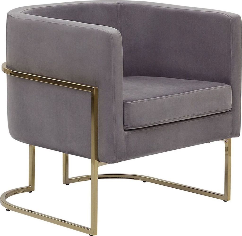 A grey velvet armchair with a gold metal frame.