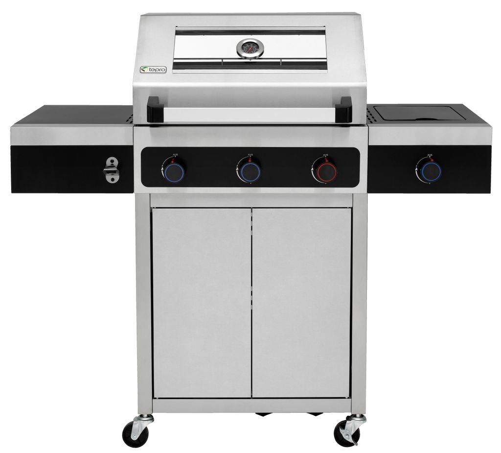 A stainless steel gas grill with side burners and storage cabinet, shown from the front on a white background.