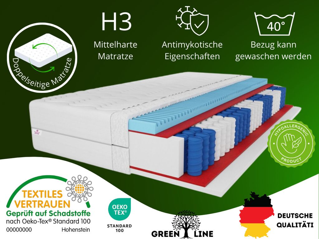 7 ZONEN Taschenfederkernmatratze Premium 180X200 cm, Matratze Härtegrad H3, Höhe ca. 20cm, Farbe: Schwarz, inkl. Bezug