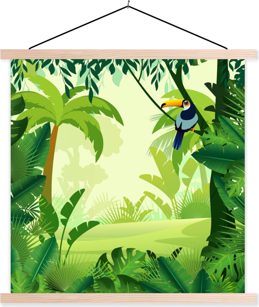 MuchoWow Textilposter Dschungel - Tukan - Vogel - Jungen - Mädchen - Kind 60x60 cm mit holzfarbenen Rahmen - Wanddekoration