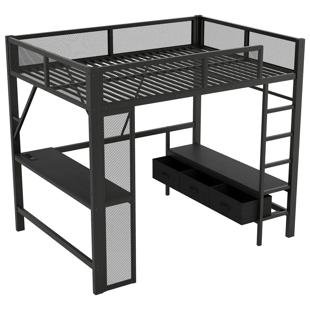Lit superposé 140x200 avec LED et bureau, structure métal noir - 6