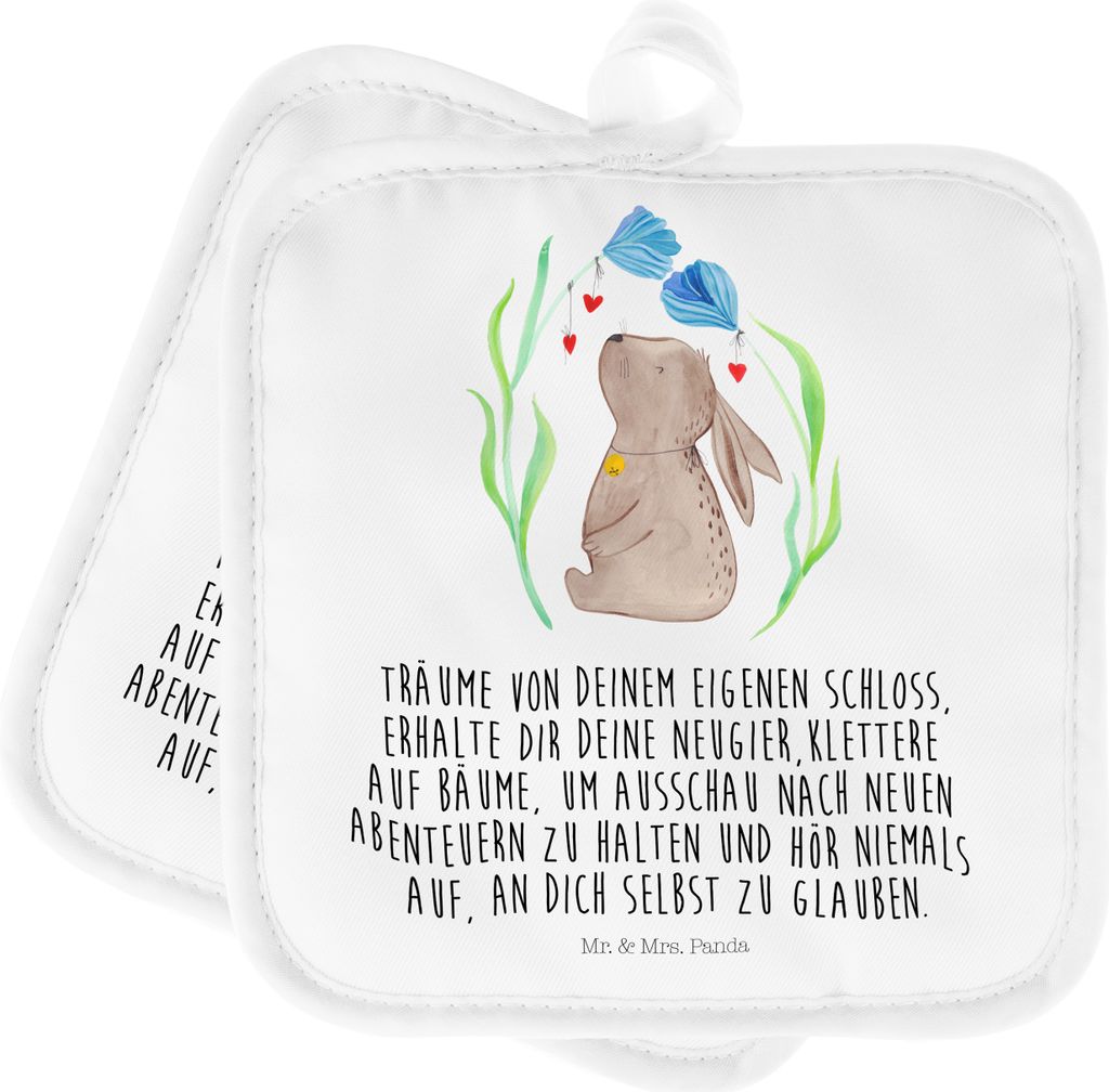 Mr. & Mrs. Panda Topflappen Hase Blume - Weiß - Geschenk, Set, Kindergeburtstag, Geburtstag, Topflappenset, Schwangerschaft, Ostern, Taufgeschenk,...