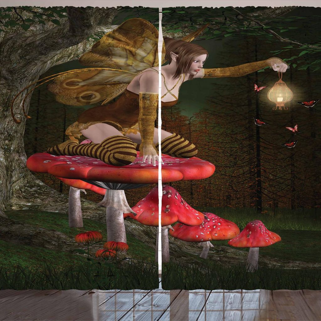 ARANDE Fantasie Gardine, Mythisches feenhaftes Geschöpf, das auf Pilz neben einem Eichen-Sommer-Walddruck sitzt, 280 x 245 cm, Mehrfarbig