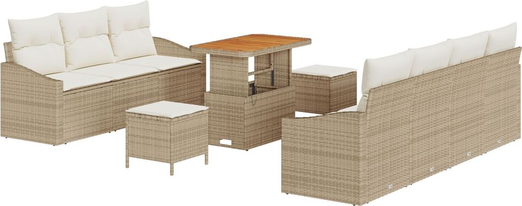 Eleganten-Stil 10-teiliges Garten Sofa Set mit Kissen Beige Poly Rattan Akazie, 2-Sitzer Garten Sofa mit Kissen Beige Poly Rattan, 3-teiliges Garte...