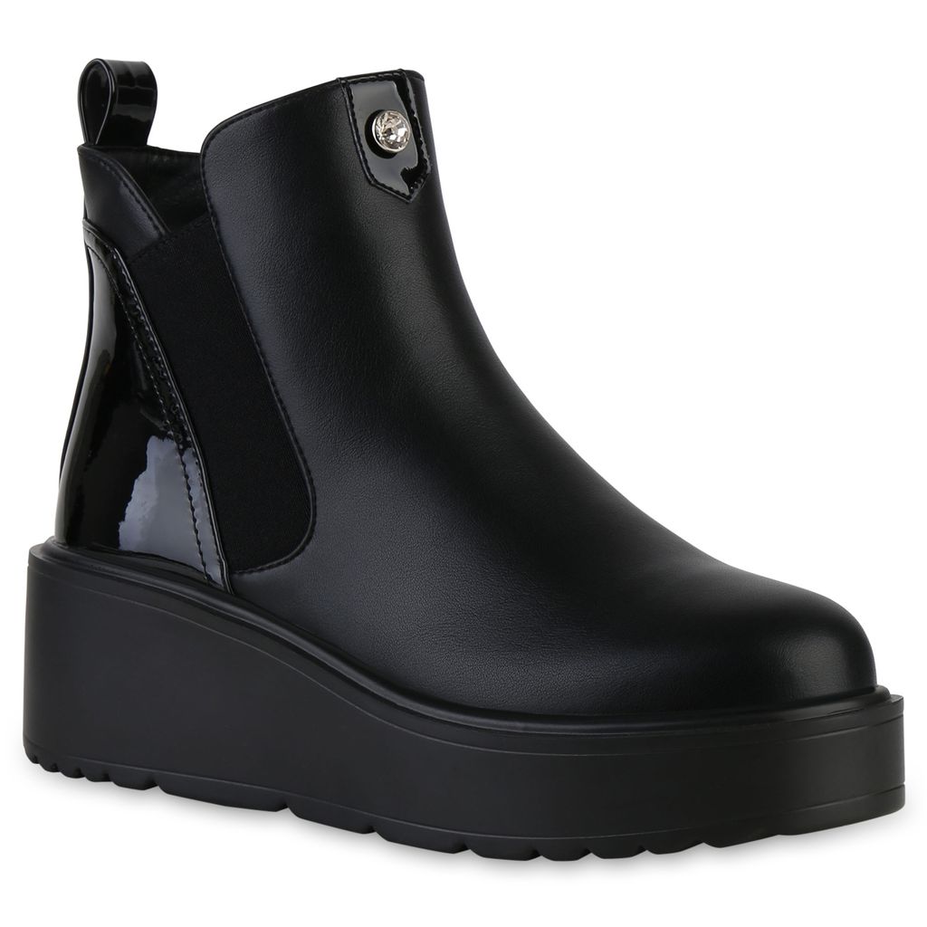 VAN HILL Damen Leicht Gefütterte Keilstiefeletten Stiefeletten Schuhe 841384, Farbe: Schwarz PU, Größe: 38
