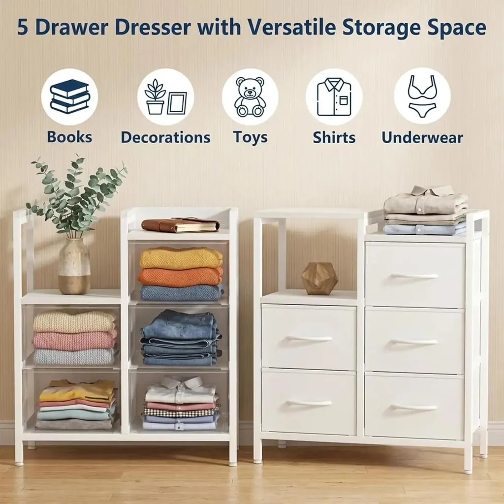 Commode 5 tiroirs en tissu blanc structure métal avec étagère ouverte - 5