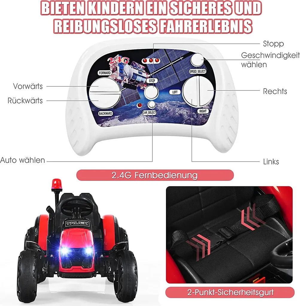COSTWAY Tracteur Électrique 12V avec Remorque et Télécommande - Rouge
