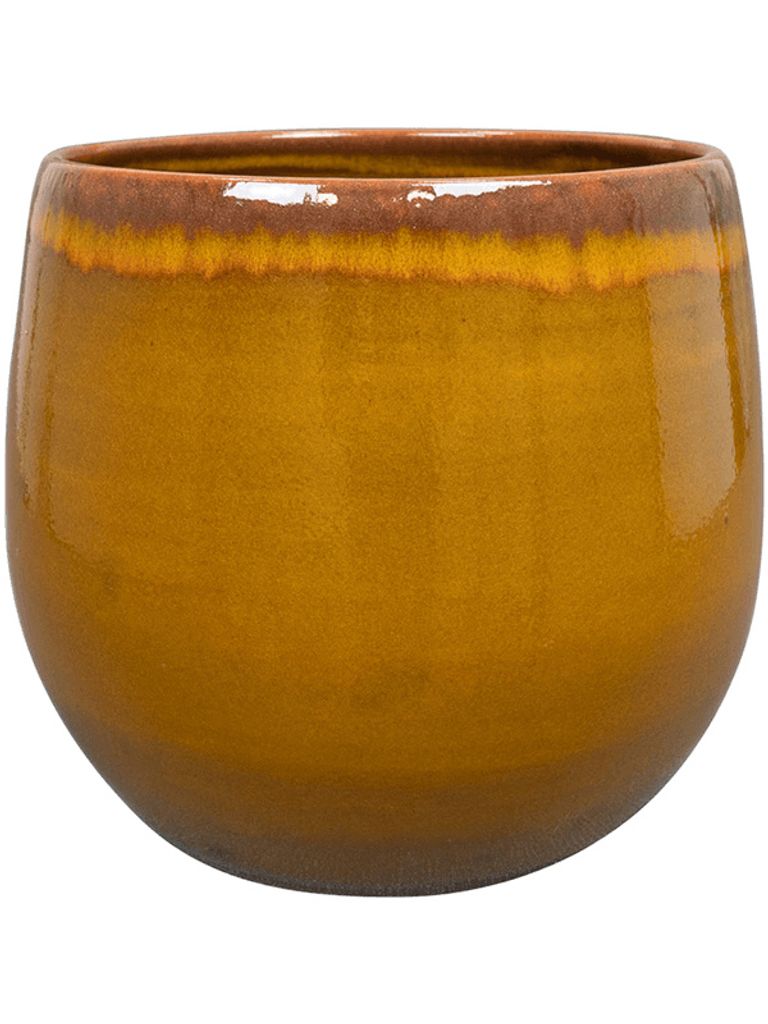 A close-up studio shot of a single ochre-colored ceramic pot with a brown rim.