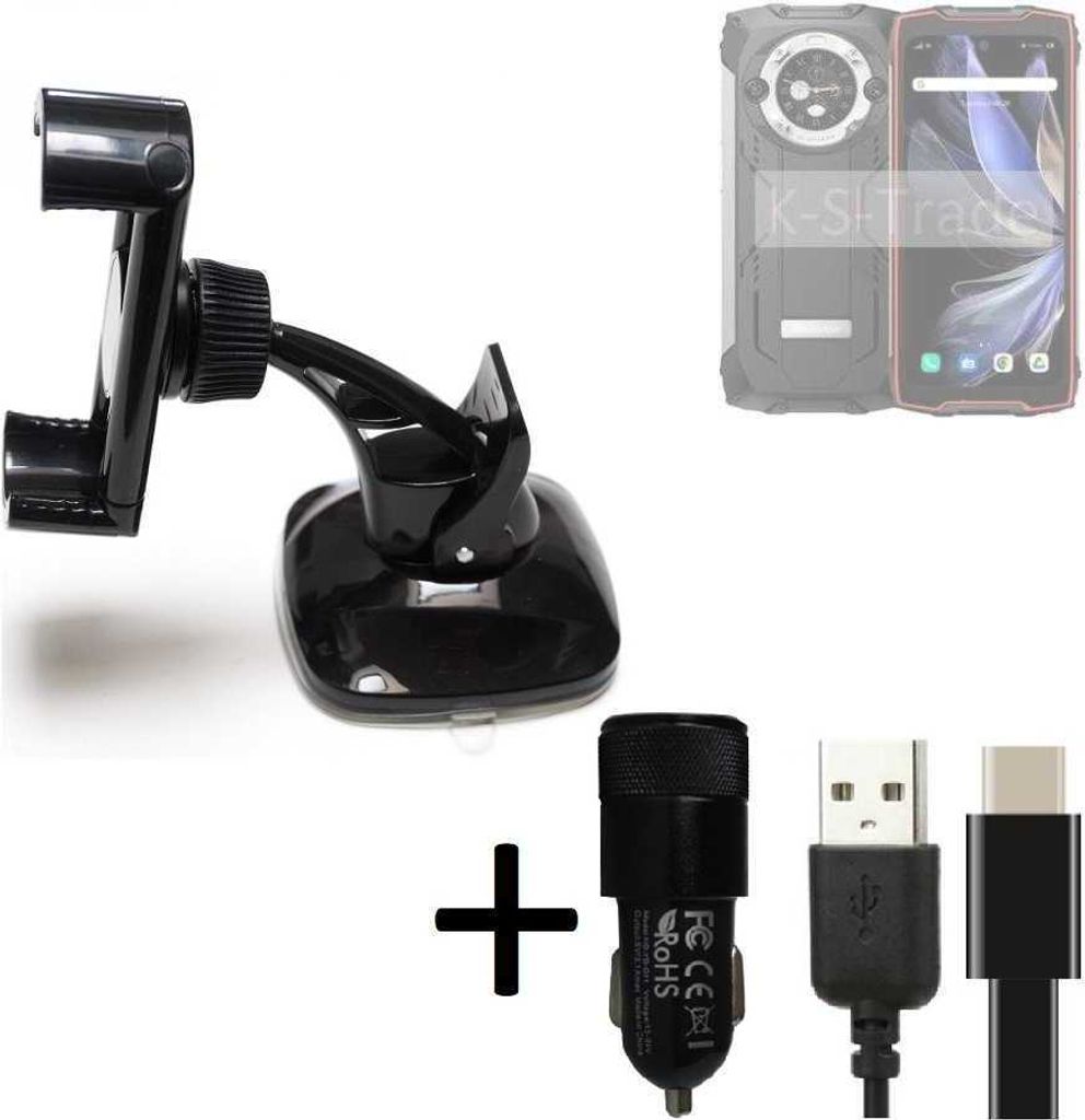 K-S-Trade Handy-Halterung kompatibel mit Blackview BV9300 Pro Windschutzscheibe / Armaturenbrett + LADEGERÄT mit Mico USB Kabel Autohalterung