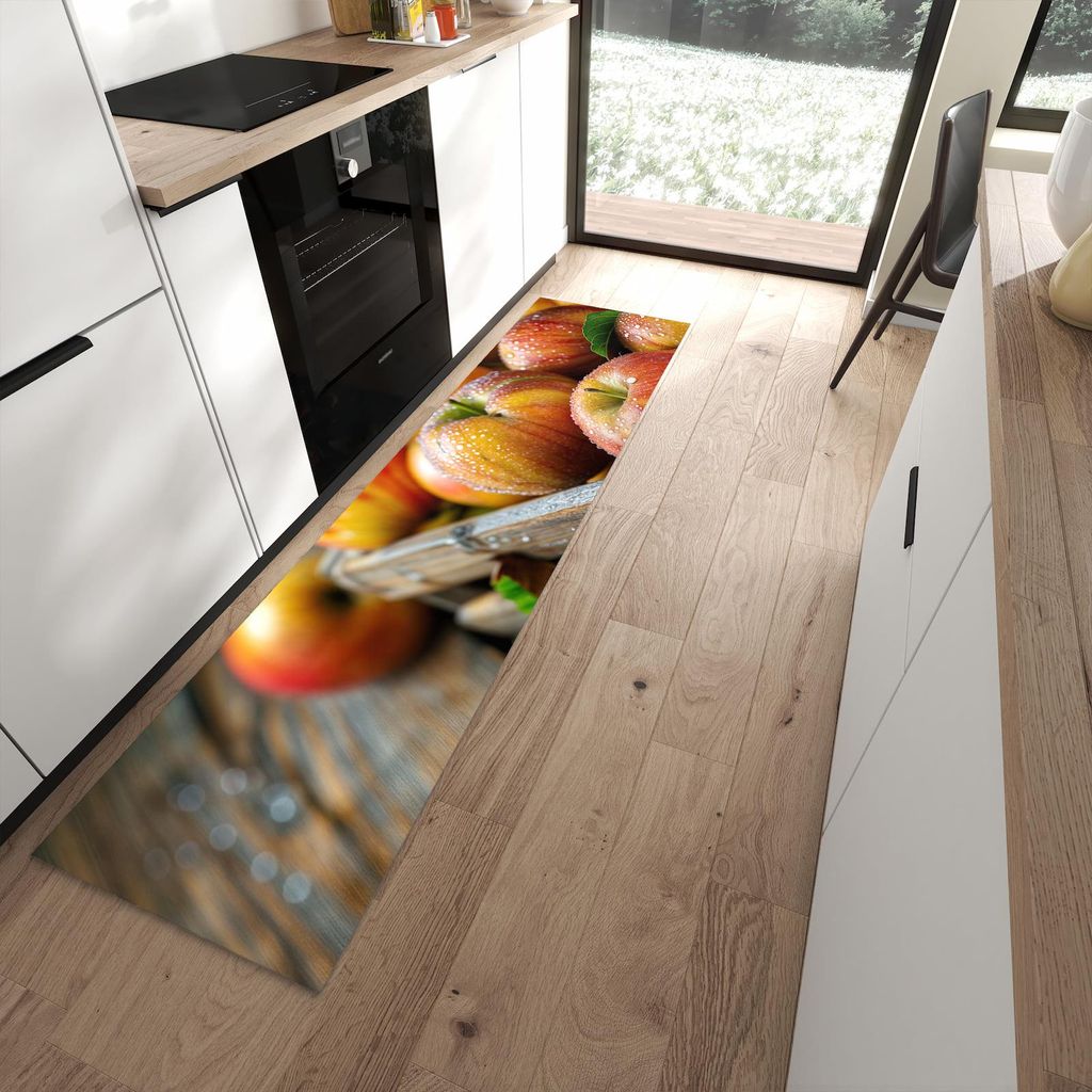Küchenteppich 60x240cm rutschfest & abwischbar PVC Läufer - Äpfel Holzkiste