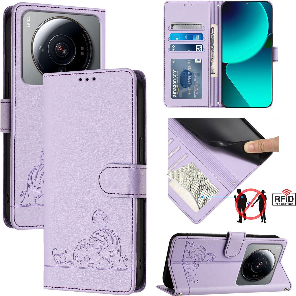 Leder Hülle für Xiaomi 12S Ultra Süße Katze Flip Case Brieftasche Schutzhülle mit Standfunktion Lila