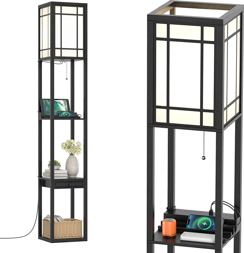 Lampadaire Colonne Design en Bois à 3 Étages avec Double Prise USB E27