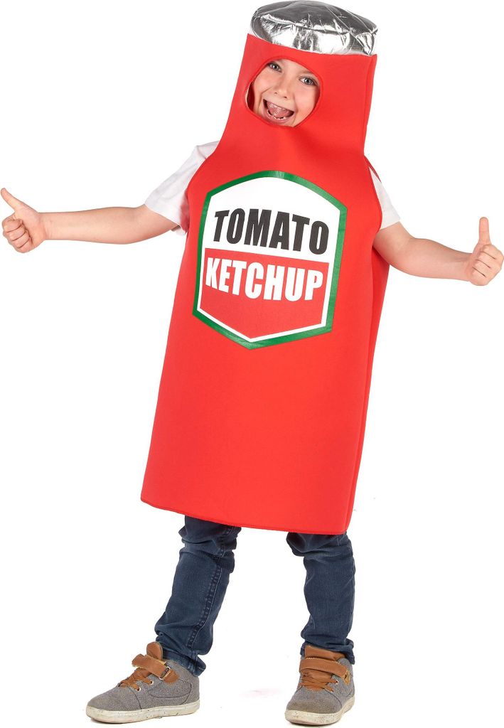 A child wearing a ketchup bottle costume, giving a thumbs up.