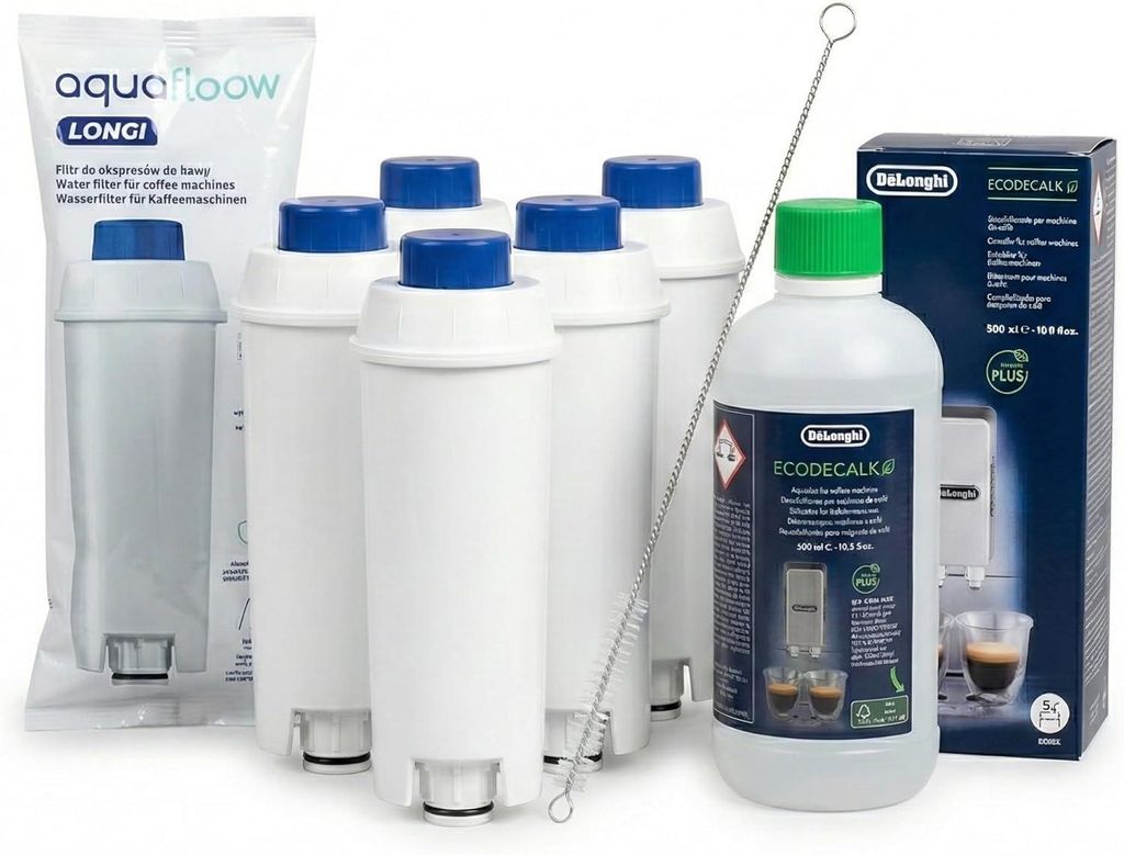 5x Wasserfilter kompatibel mit DeLonghi ECAM Magnifica S 23.210.W Baugleich zu DLSC002 + DeLonghi EcoDecalk 500ml DLSC500