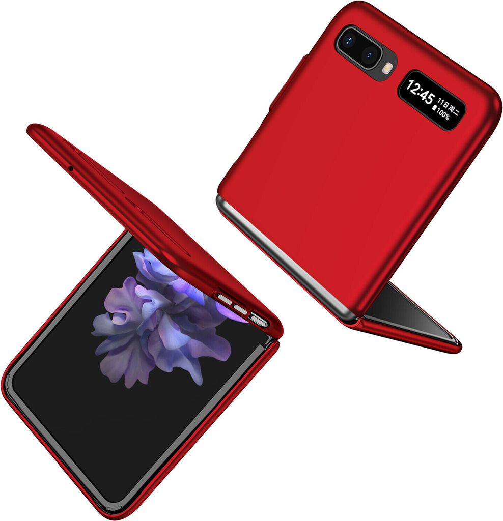 A red Samsung Galaxy Z Flip phone case is shown in two pieces, one open and one closed, against a white background.