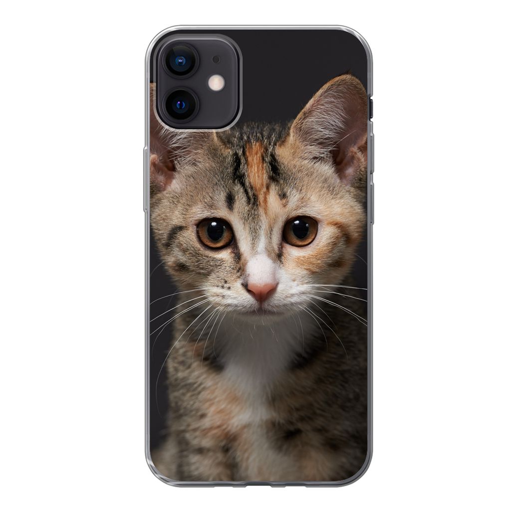 MuchoWow Handyhülle Schutzhülle Hülle für iPhone 12 mini Katze - Schwarz - Porträt Silikon Softcase Handy Hülle - Bild