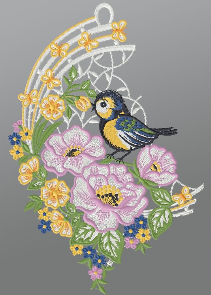 Fensterbild aus Plauener Spitze - Blumenbouquet (BxH) 19cm x 29cm, mehrfarbig, Fensterdekoration und Fensterschmuck