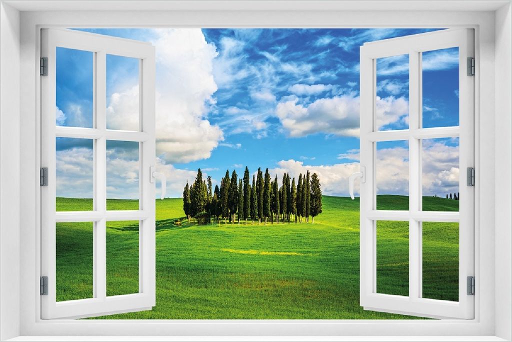 Wallario Poster mit Fenster-Illusion: Kleiner Wald inmitten einer weiten Wiese, Größe: 100 x 150 cm