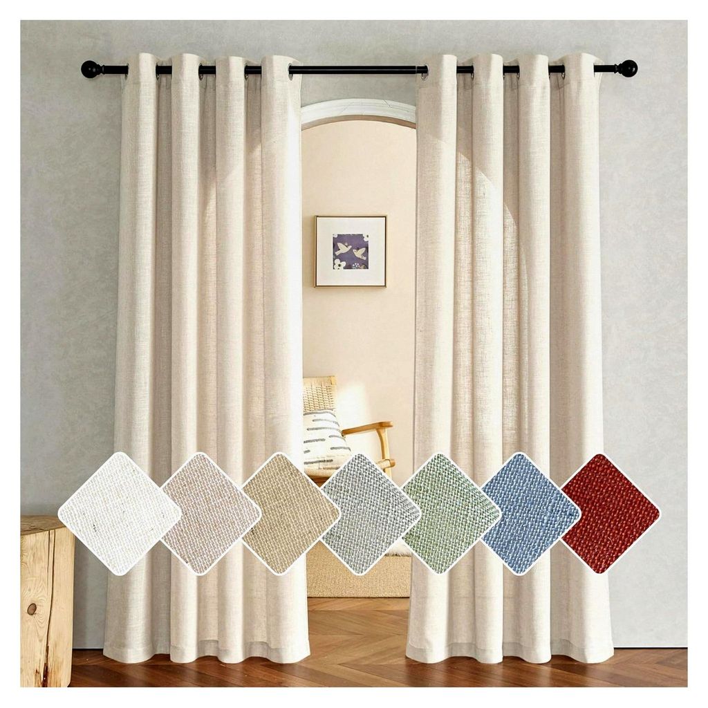 Gardinen im Landhausstil aus Leinen, Ösenschal im 2er Set, H 220 x B 140 cm, halbtransparent