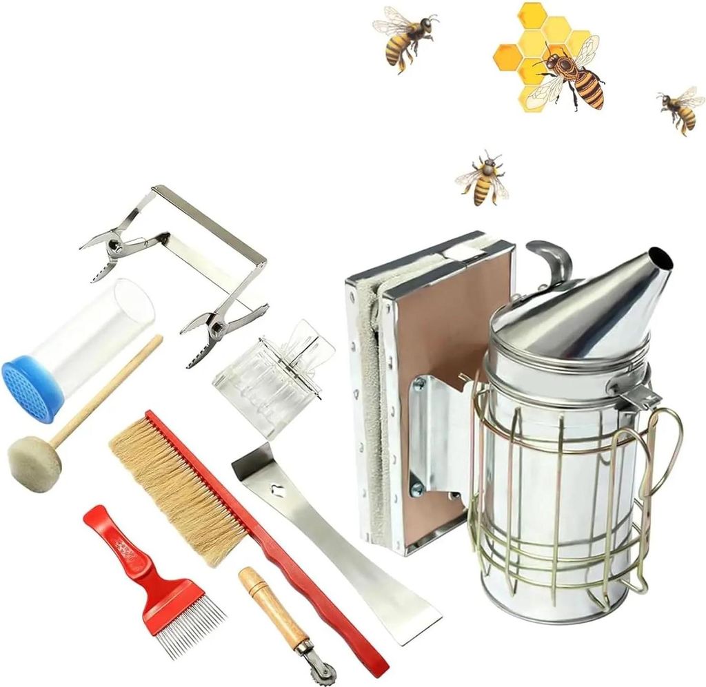 Imker Werkzeugset - 8-teiliges Set aus Edelstahl - Mit Smoker - Zubehör für Imkerei und Bienenhaltung - Silber