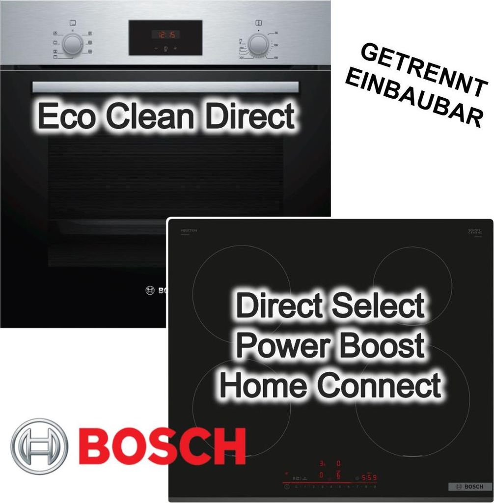 Herdset BOSCH Backofen 3D Heissluft Eco Clean Direct Edelstahl + Induktionskochfeld HomeConnect DirectSelect