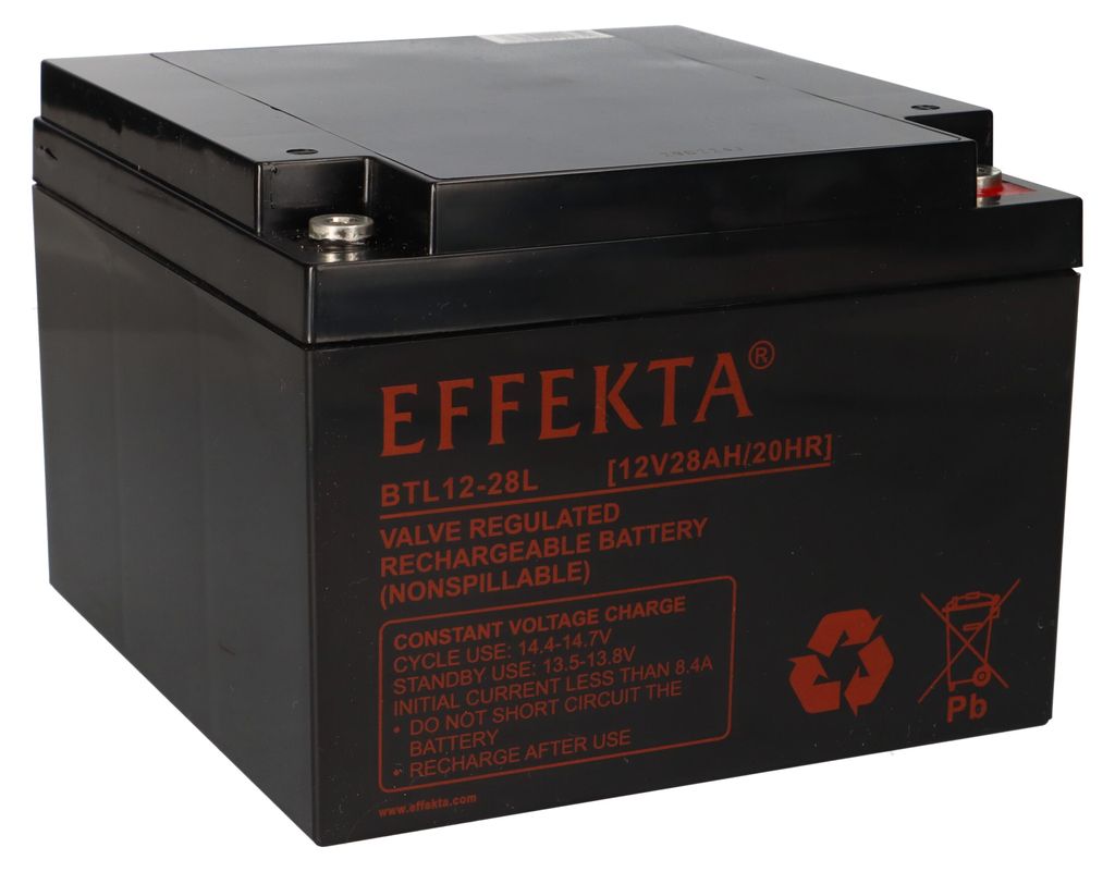 A black Effekta BTL 12-28L rechargeable battery is shown against a white background.