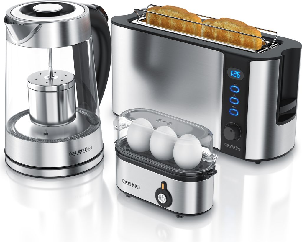 Arendo Frühstücks-Set in Edelstahl Optik - Wasserkocher, Toaster und Eierkocher