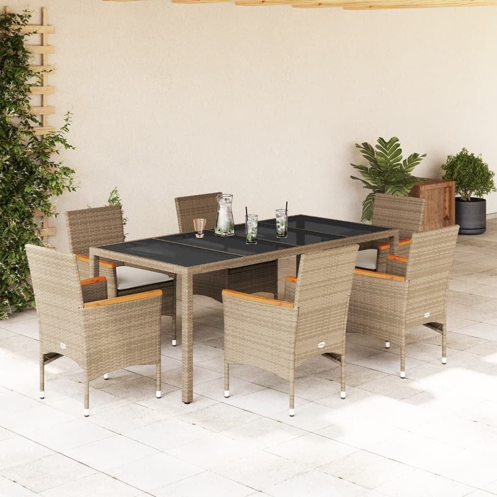 Maison Exclusive - 7-tlg. Garten-Essgruppe mit Kissen Beige Poly Rattan und Glas