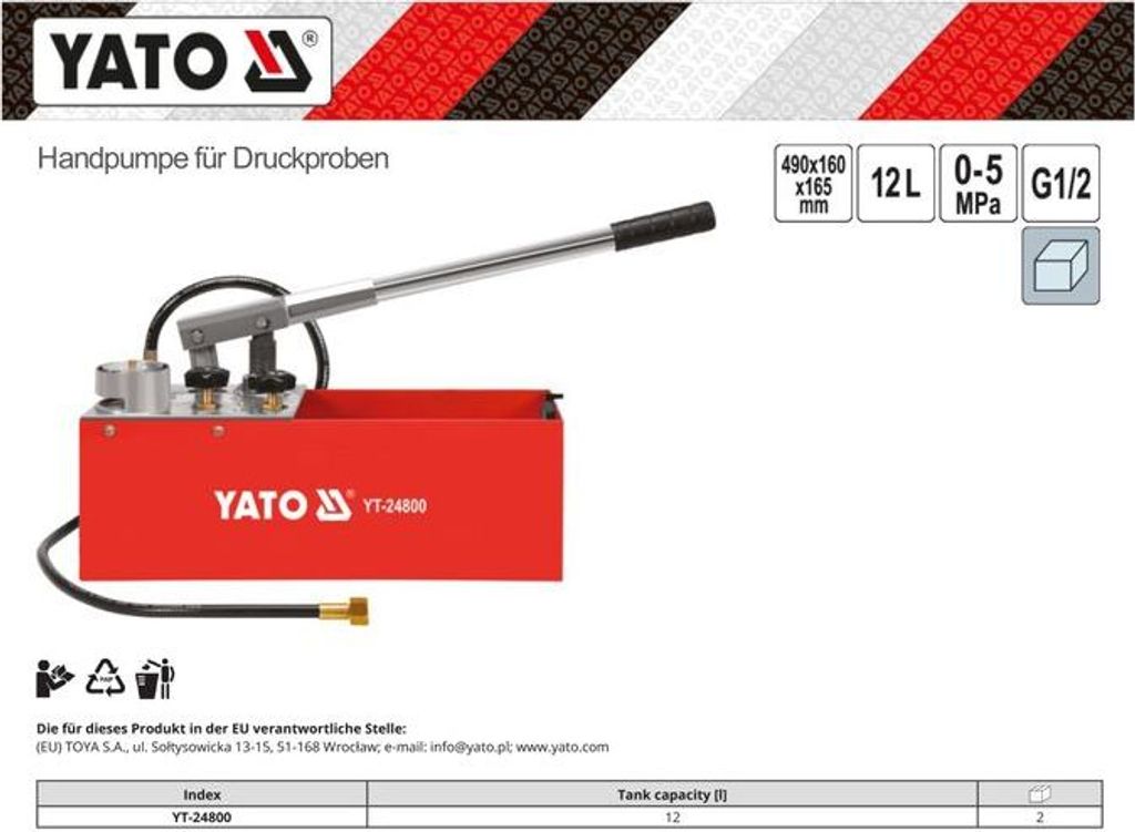Produktbild von Yato YT-24800 Druckprüfpumpe – Handprüfpumpe 50 Bar, 12L Tank, Für Abdrückarbeiten
