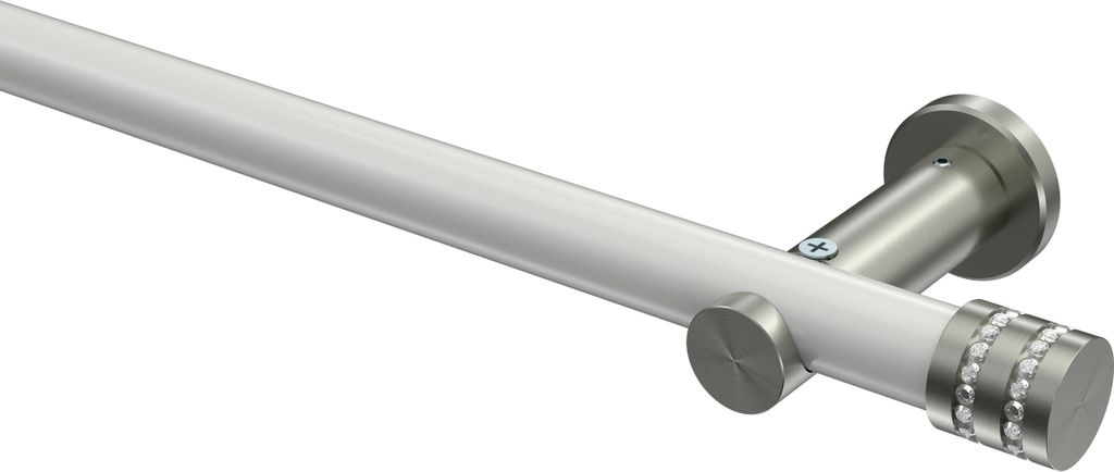 Interdeco Gardinenstange / Vorhangstange Weiß / Edelstahl-Optik, Typ Platon Estana (Glitzerkappe) ohne Ringe, 20 mm Ø 1-läufig, 180 cm