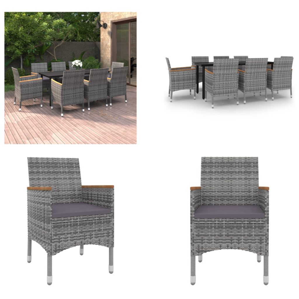 vidaXL 9 tlg. Garten Essgruppe mit Kissen Poly Rattan und Glas - Garten-Essgruppe - Garten-Essgruppen - Outdoor-Essgruppe - Gartentisch Und Stuhl