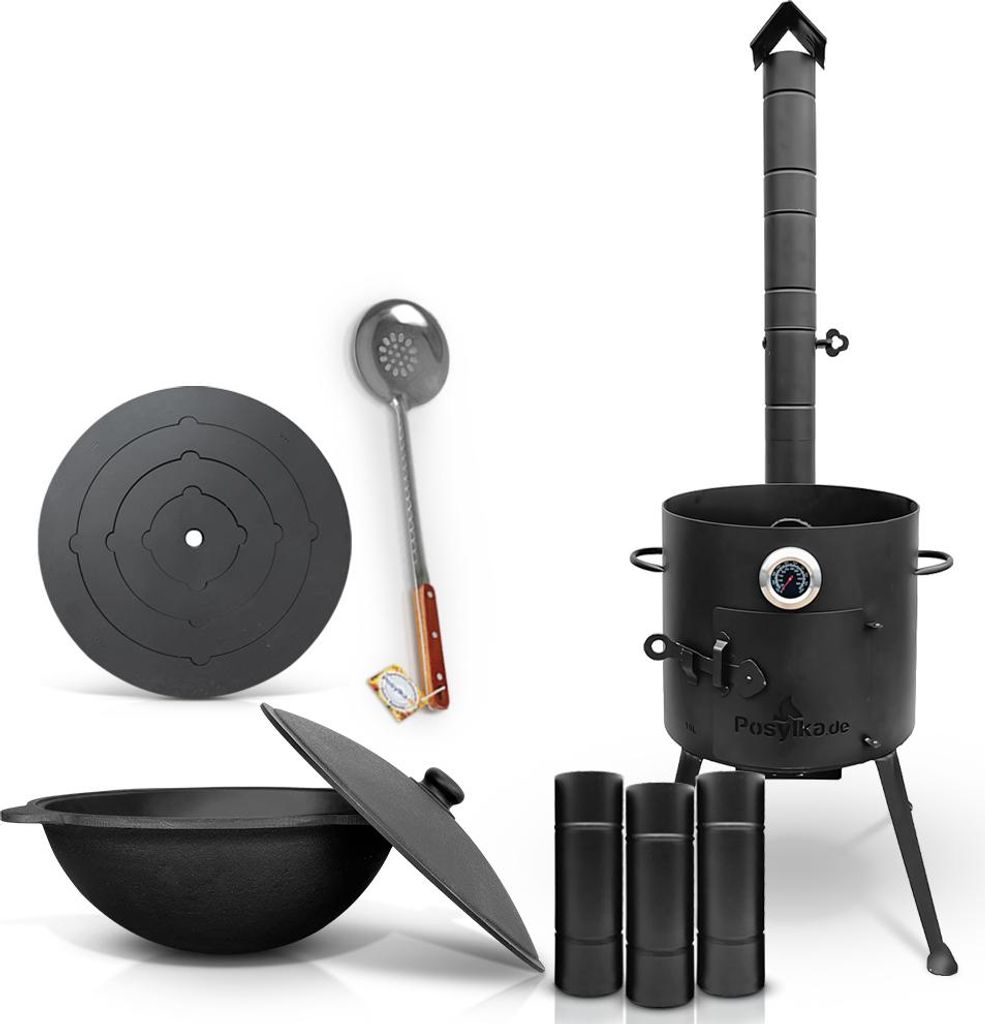 Utschak Uchag Feuerofen 36 cm Herdplatte 4mm Usbekische Kazan 10 L Schaumlöffel