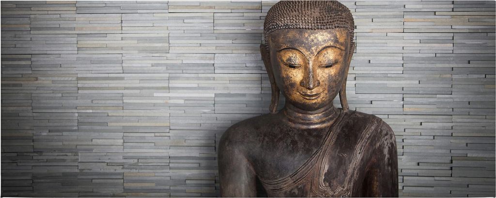 Leinwandbild Buddha 40 x 100 cm - Wandbild Braun Grau - Keilrahmen Körper Geist Wohnzimmerdeko Wanddeko Wandgemälde