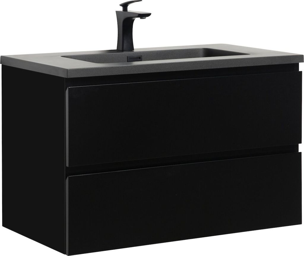 A black bathroom vanity with a gray countertop and a black faucet.