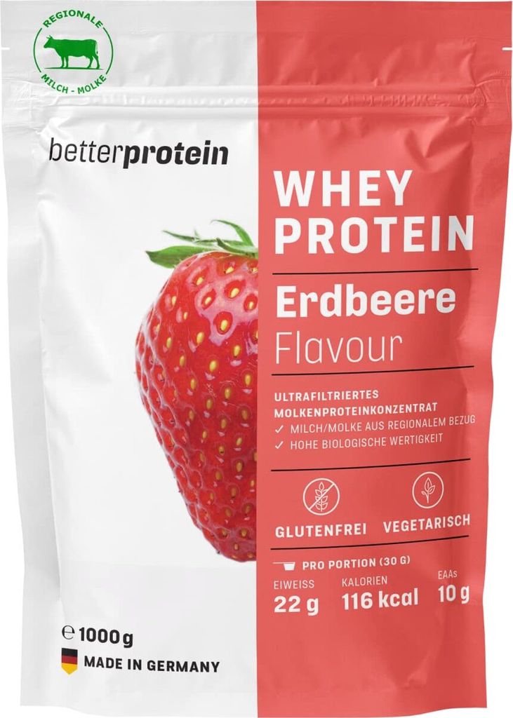 Whey Protein - Erdbeere 1 kg - Produziert in Deutschland aus regionaler Milch - BetterProtein - Eiweißpulver zum Muskelaufbau und Abnehmen
