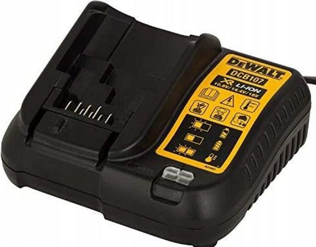 A black and yellow DeWALT battery charger is shown from a diagonal angle.