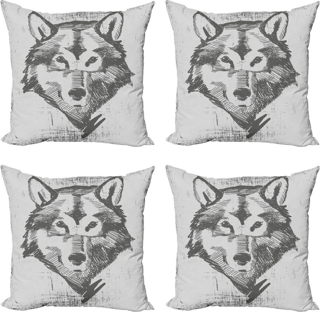 ABAKUHAUS Wolf Kissenbezug Set (4 Stück), Detaillierte Skizze Canine, Moderner Doppelseitiger Digitaldruck, 50 cm x 50 cm, grau Beige