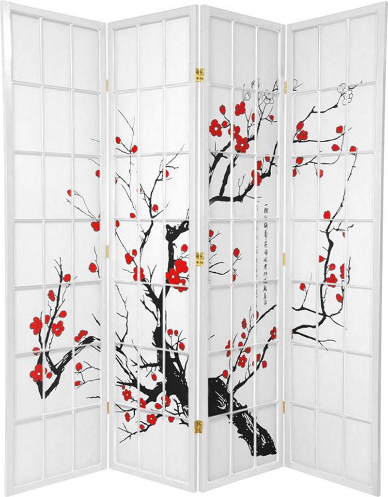 Fine Asianliving Japanischer Paravent Raumteiler Trennwand B180xH180cm 4 Paneele Weiß - Kirschblüten