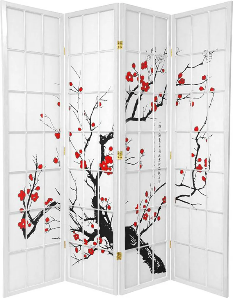 Cloison de séparation amovible 4 volets blanc avec fleurs de cerisier