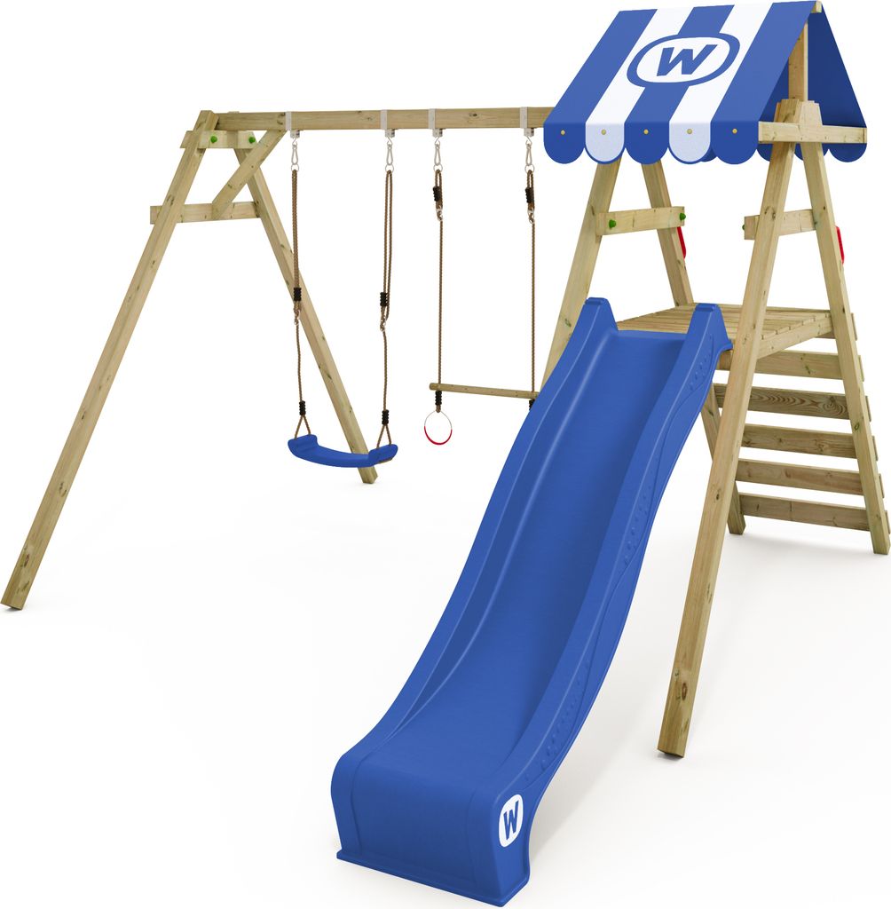 WICKEY Kinderschaukel Schaukelgestell Smart Ace mit Rutsche Schaukel, Schaukelgerüst, Doppelschaukel, Holzschaukel - blau